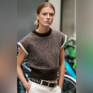 Zara Brown and White Herringbone Knit Sweater Vest